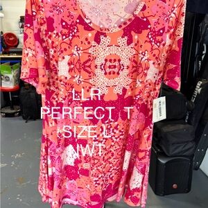 LuLaRoe Perfect T - Pink/Orange/Red Patterned Short Sleeve Tee
